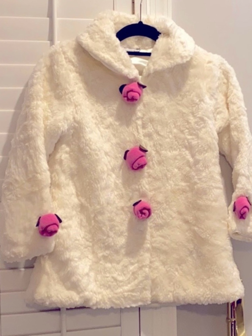 Girls Faux-Fur Coat with Pink Rose Accent Buttons
